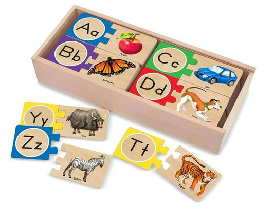 Alphabet puzzle set featuring colorful letters and images like a butterfly and apple.