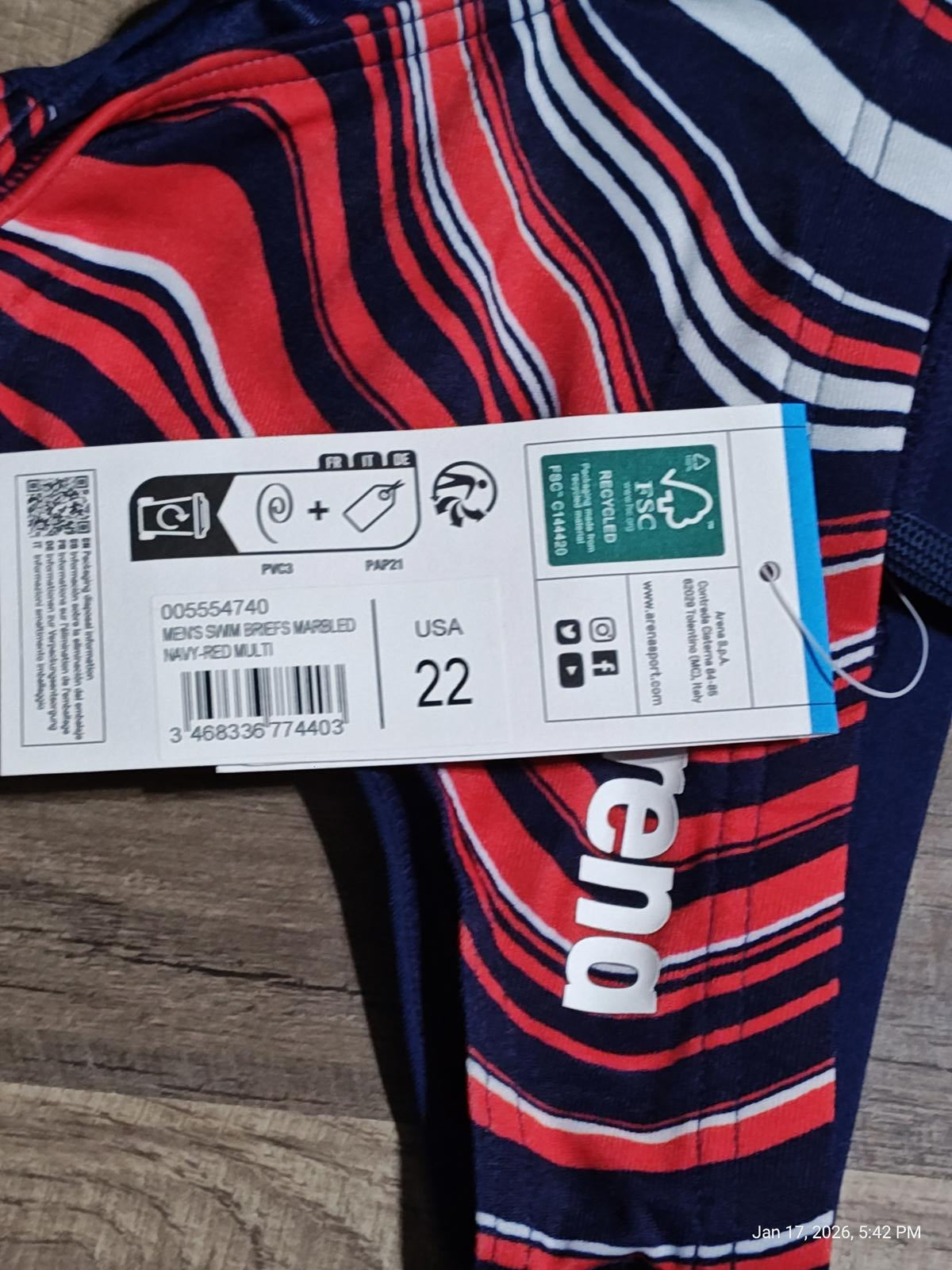 Arena swim shorts with red and blue striped design, size USA 22.