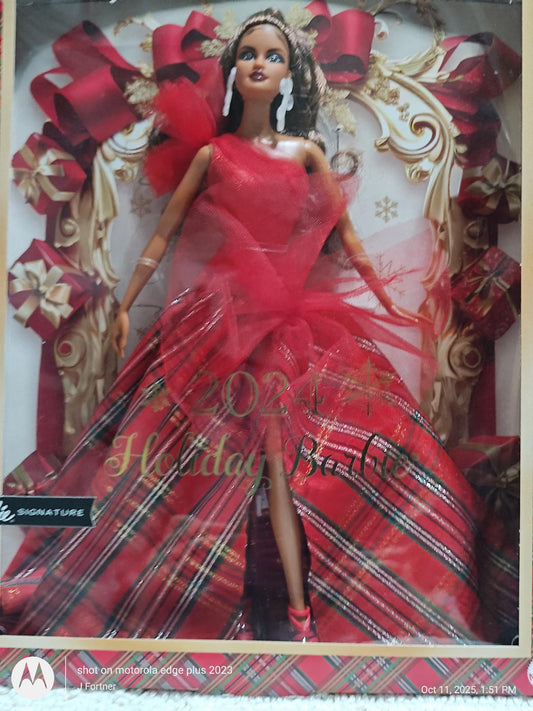 2022 Holiday Barbie in a stunning red gown with plaid accents and elegant accessories.