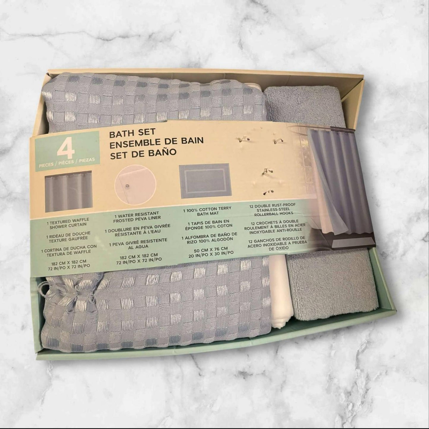 4 Pc Bath Set Curtain, Liner, Hooks, and Bath Mat - Grey small thread pull