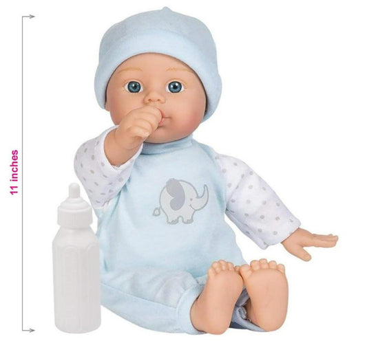 Baby Doll with Elephant Design, 11 inches tall, wearing a blue outfit and hat.