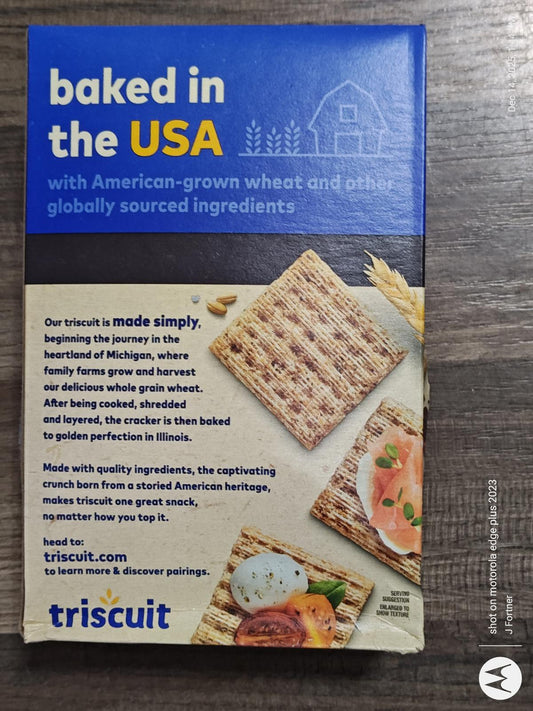 Baked in the USA Triscuit box featuring whole grain crackers and recipe ideas.