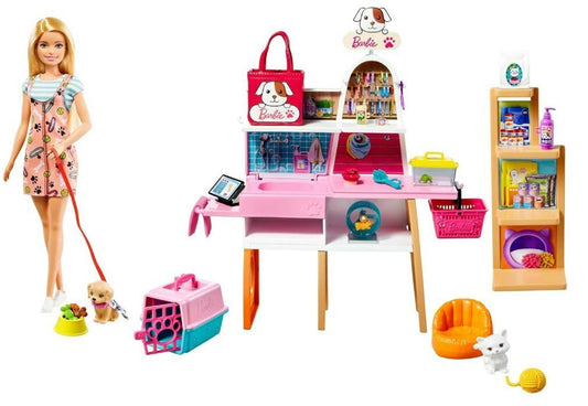 Barbie Pet Care Playset featuring a doll, pet accessories, and colorful furniture.