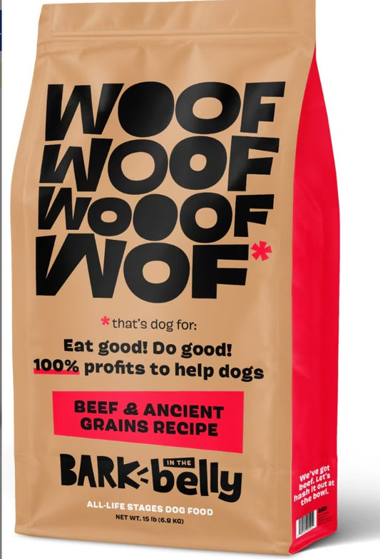 Bark Belly Beef & Ancient Grains Recipe dog food bag with bold text and colorful design.
