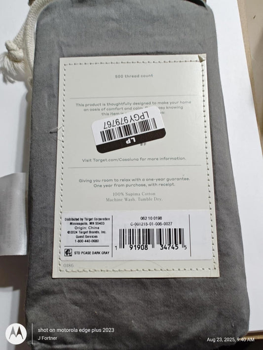 BBQ thread pouch with a gray exterior and a label on the back for product information.