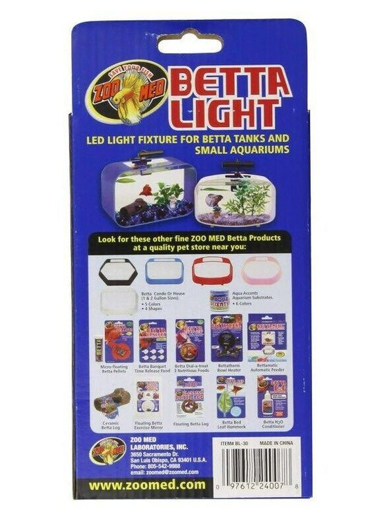 Betta Light LED fixture for betta tanks and small aquariums, featuring product details and usage instructions.
