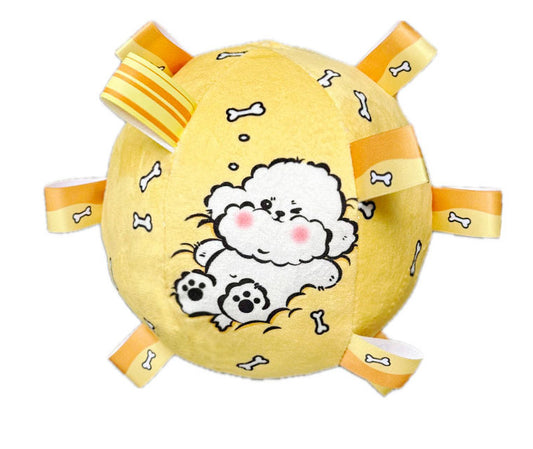 Cute plush dog toy featuring a fluffy dog design and colorful ribbons.