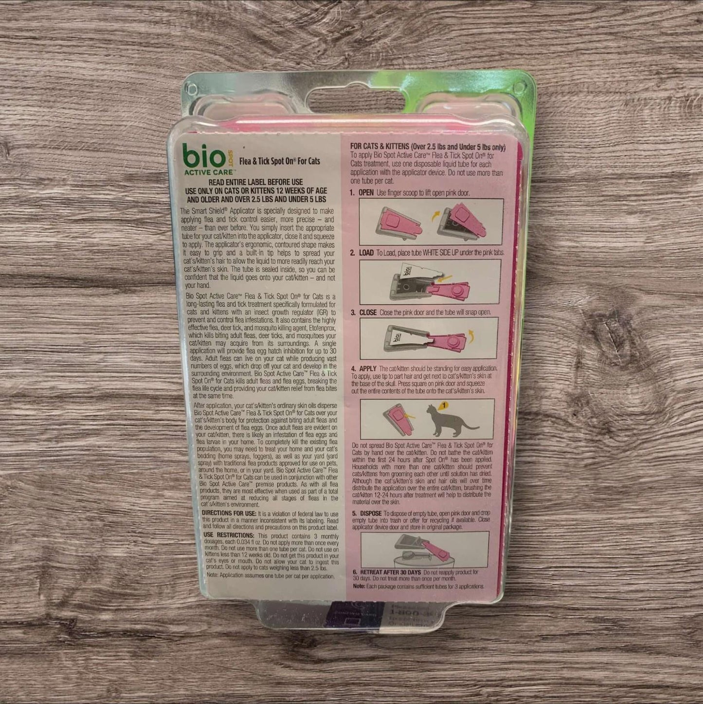 Bio pet grooming tool packaging with instructions and pink color details.