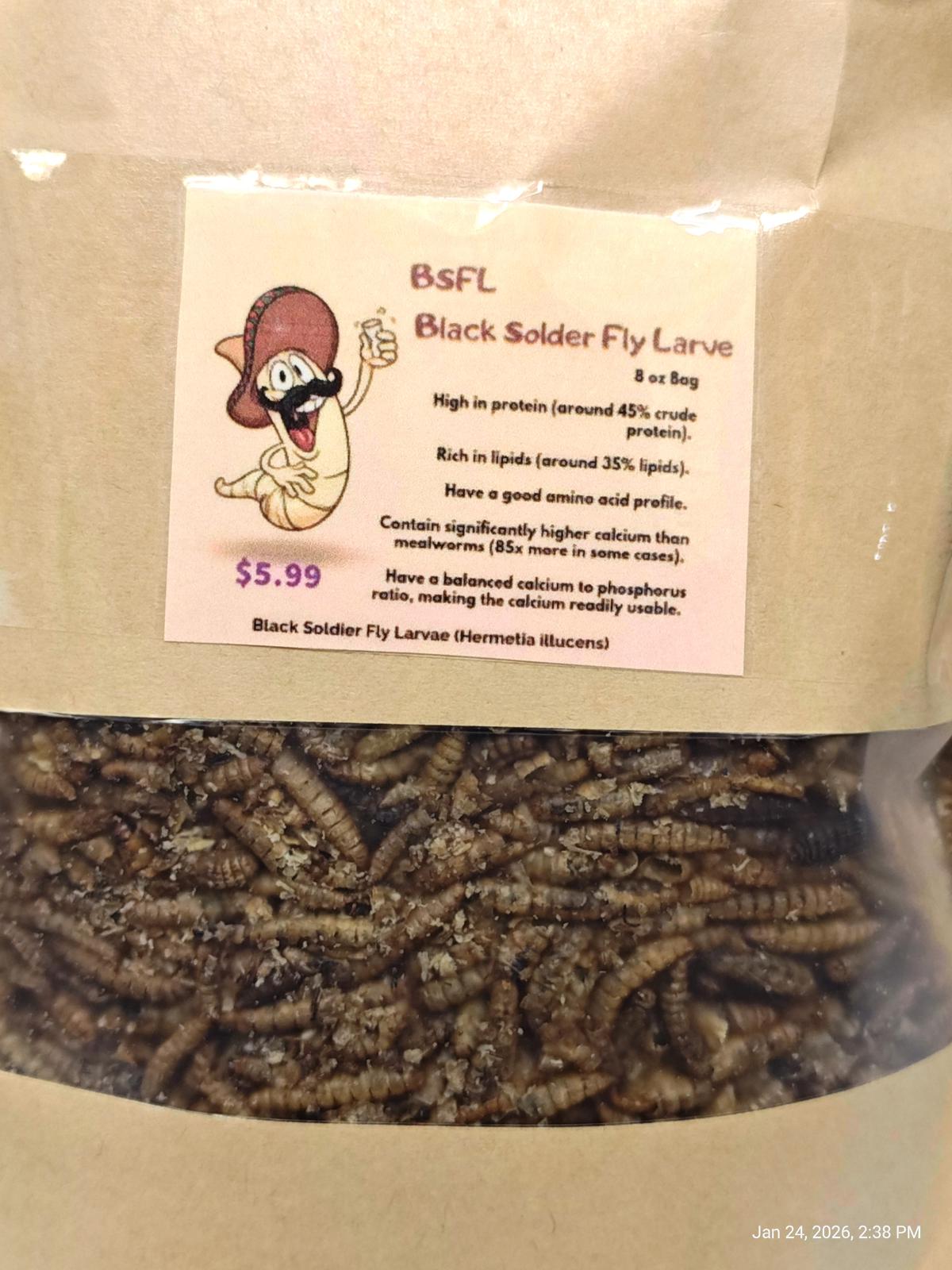 Black Soldier Fly Larvae, high in protein and lipids, packaged in a resealable bag.