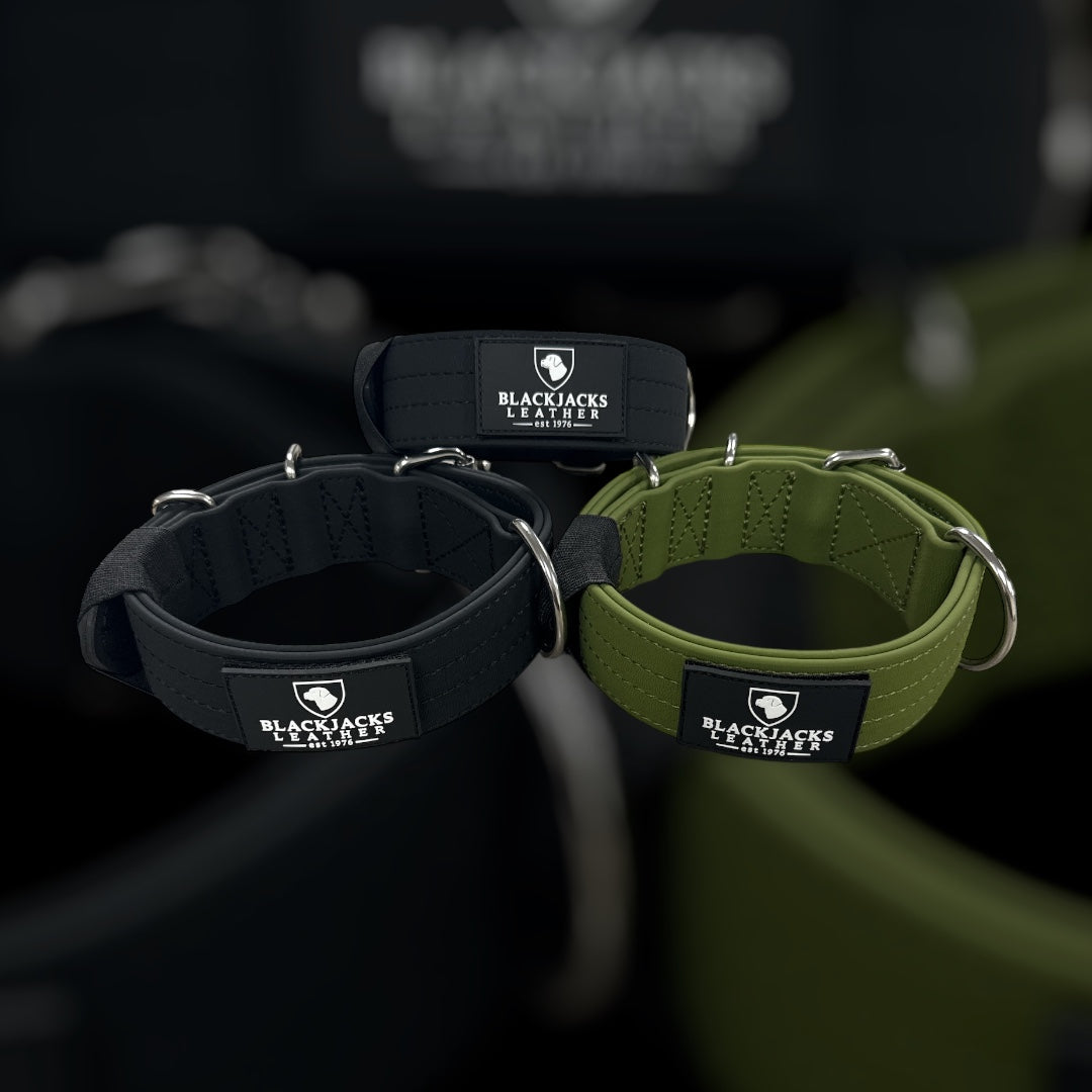 Blackstrap Heavy Duty Dog Collars in black and green colors, featuring durable materials and secure buckles.