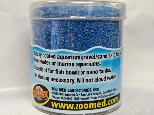 Blue aquarium gravel by Zoo Med, ideal for freshwater or marine aquariums, non-clouding.