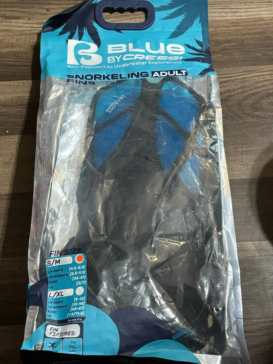 Blue Snorkeling Adult Fin in packaging, featuring a sleek design and vibrant blue accents.