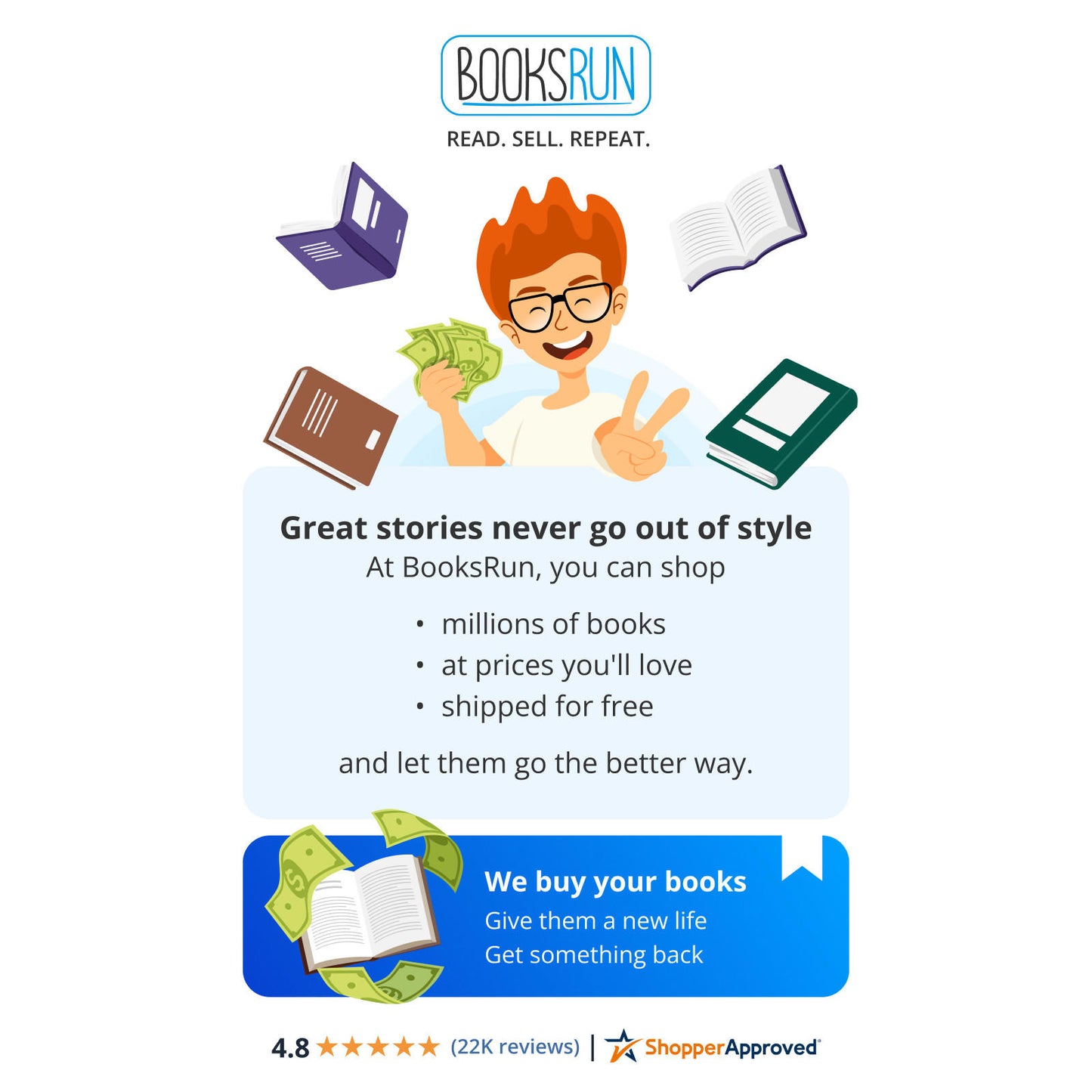 BooksRun offers a platform to buy and sell books at great prices, featuring a happy character with money and books.