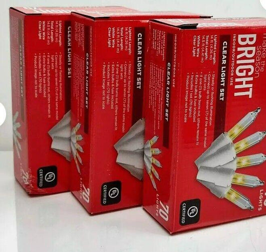 Bright clear light set with multiple bulbs in red packaging, ideal for festive decorations.