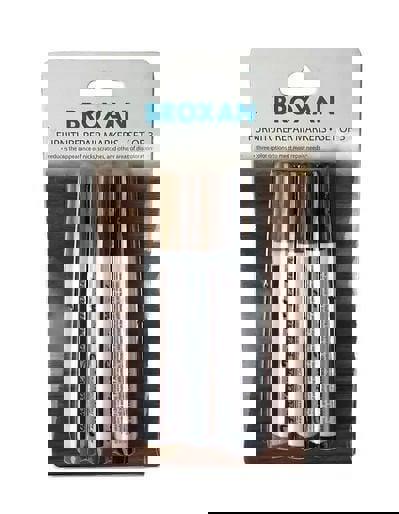 Broxan furniture repair markers set of 3 in brown, black, and white colors for easy touch-ups.