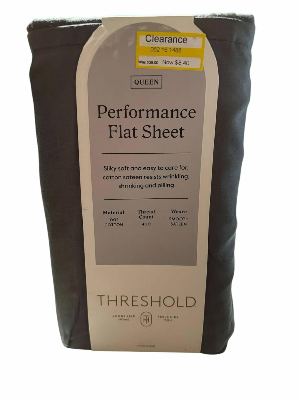 QUEEN Threshold 400 Thread Count Performance Flat Sheet Sateen GRAY 100% Cotton