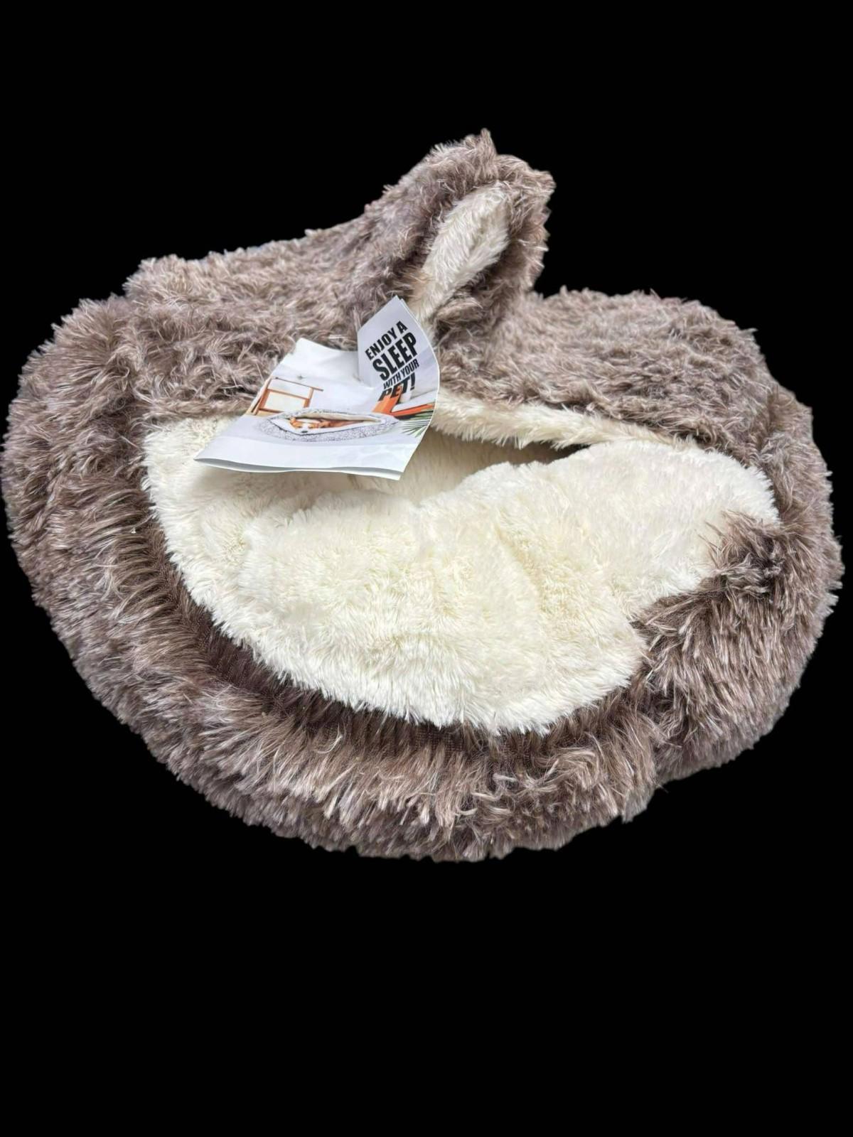 23" Bed Round Plush Fluffy Hooded Cat/Dog Cave Soothing Bed Med 23" by 16" Tall