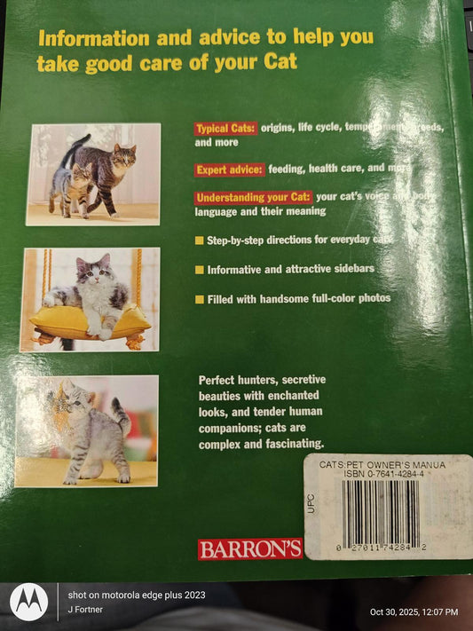 Cat Pet Owner's Manual offers expert advice on caring for your cat, featuring informative sections and illustrations.