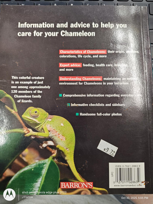Chameleon care guide back cover featuring colorful illustrations and informative text.