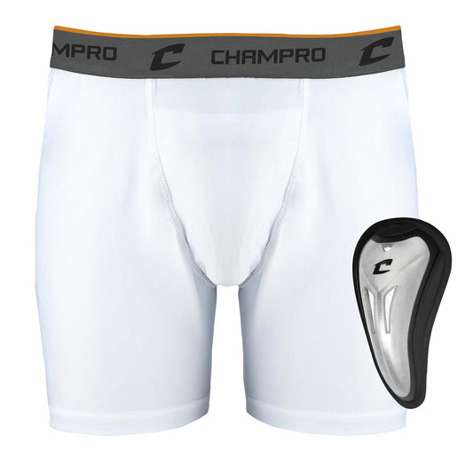 Champro compression shorts with protective cup in white color, designed for athletic support.