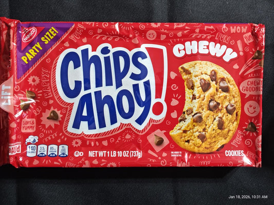 Chips Ahoy! Chewy cookies package featuring a delicious chocolate chip cookie on a red background.