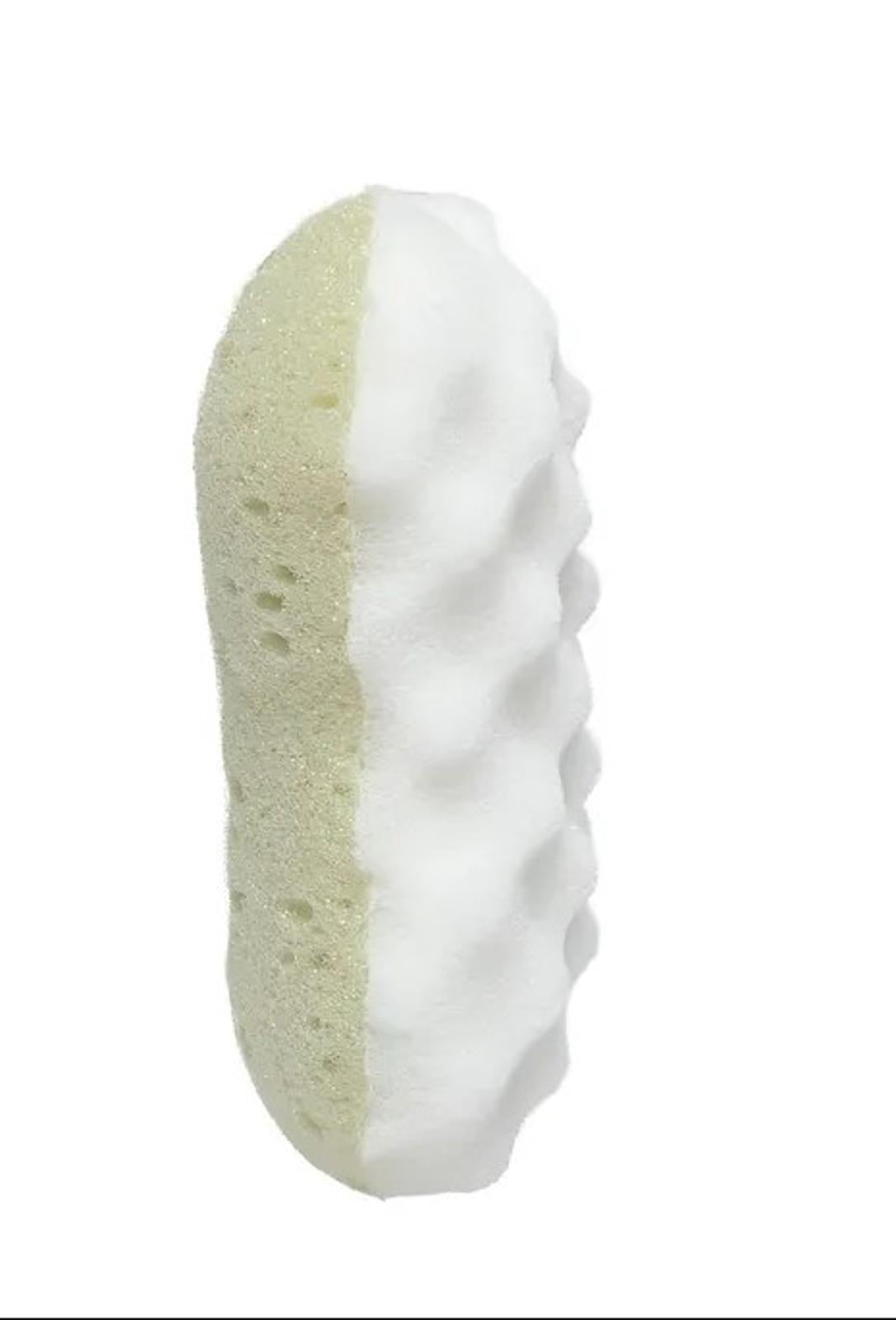 Green and white cleansing sponge with a textured surface for gentle exfoliation.