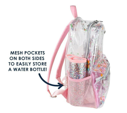 Clear backpack with mesh pockets on both sides for easy water bottle storage.