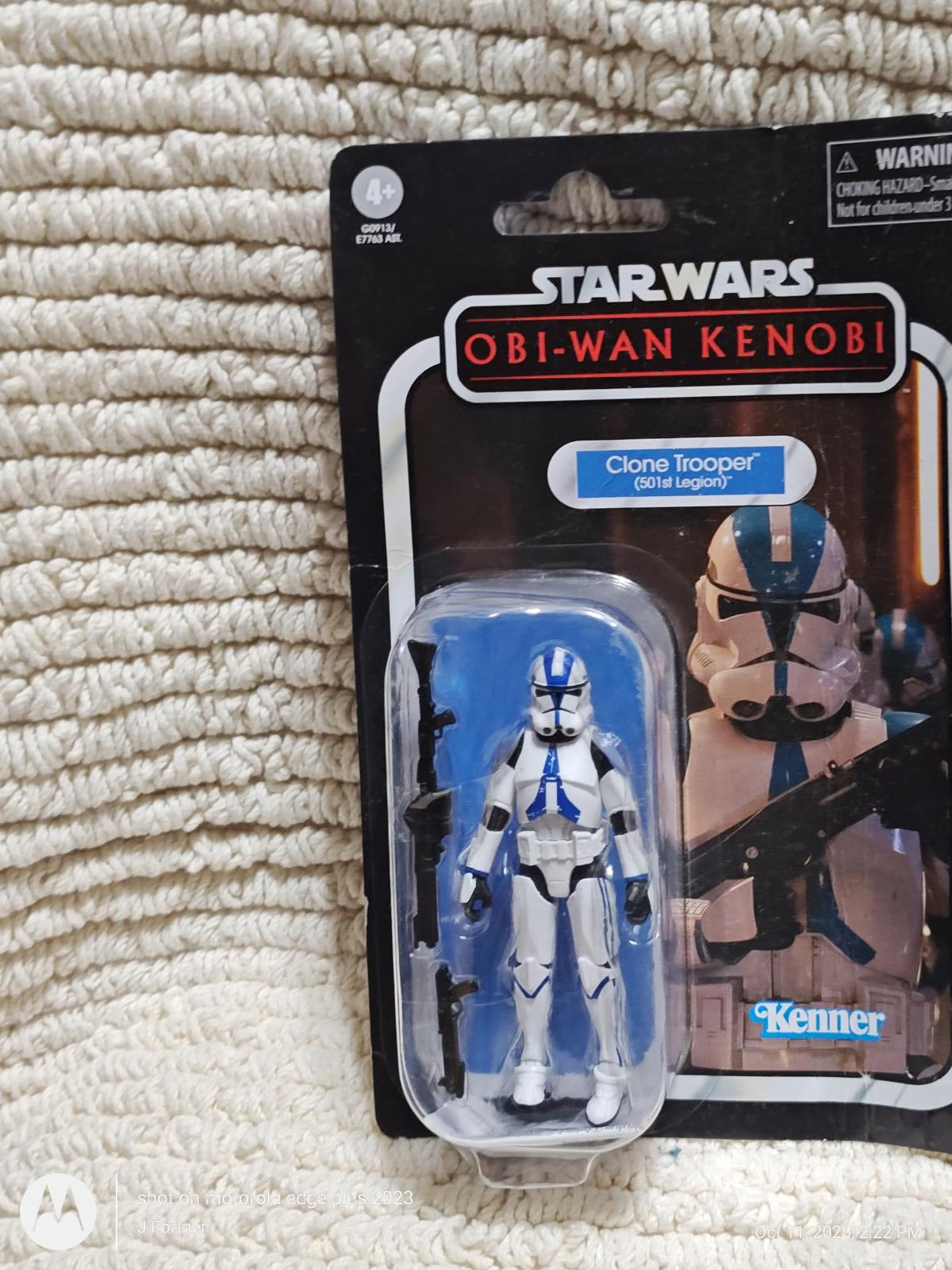 Clone Trooper action figure from Star Wars: Obi-Wan Kenobi, featuring blue and white armor with accessories.