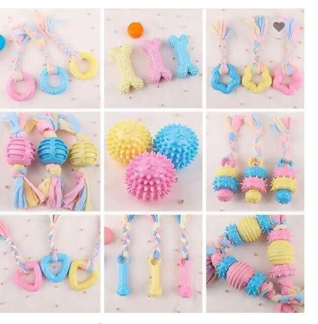 Colorful Dog Chew Toys set featuring various shapes and textures in pastel colors.