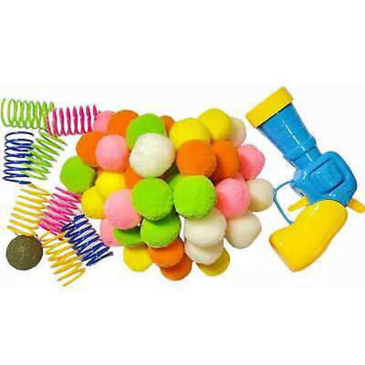 Colorful foam balls and spring shooter toy set for fun playtime activities.