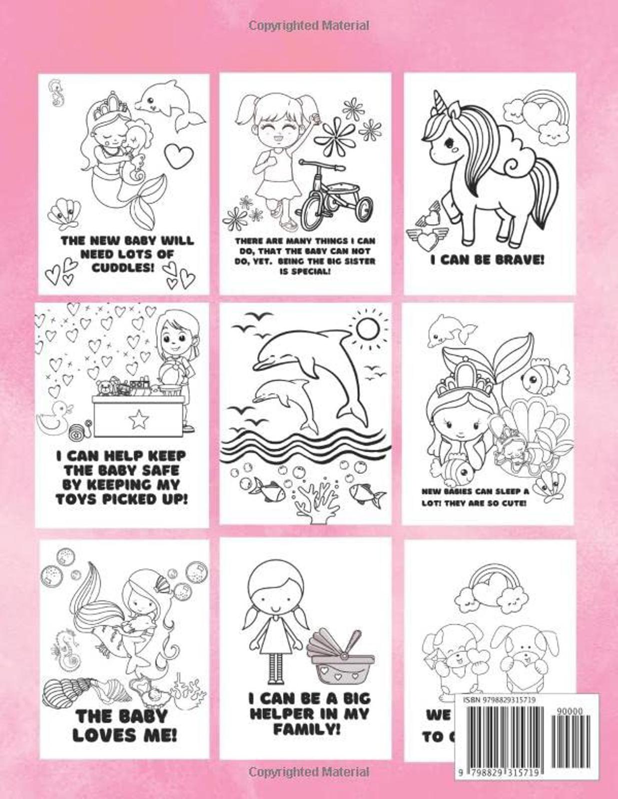 Coloring book for kids featuring unicorns, dolphins, and playful characters on a pink background.
