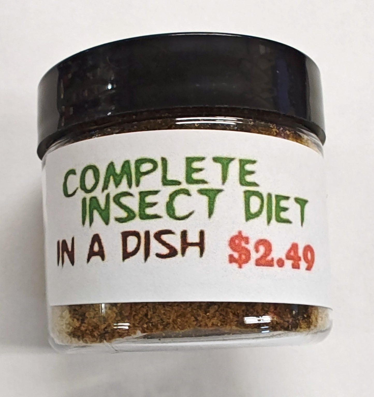 Complete Insect Diet in a dish, featuring a clear jar with a black lid and a label showing the price.