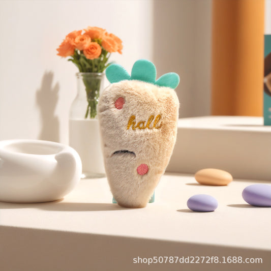 Carrot plush toy with embroidered 'hello' and colorful patches, perfect for kids.