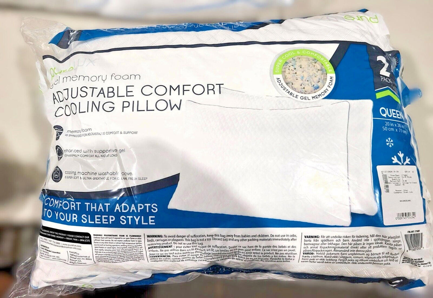 Purelux Gel Memory Foam Adjustable Comfort Cooling Pillow. 2-Pack NEW
