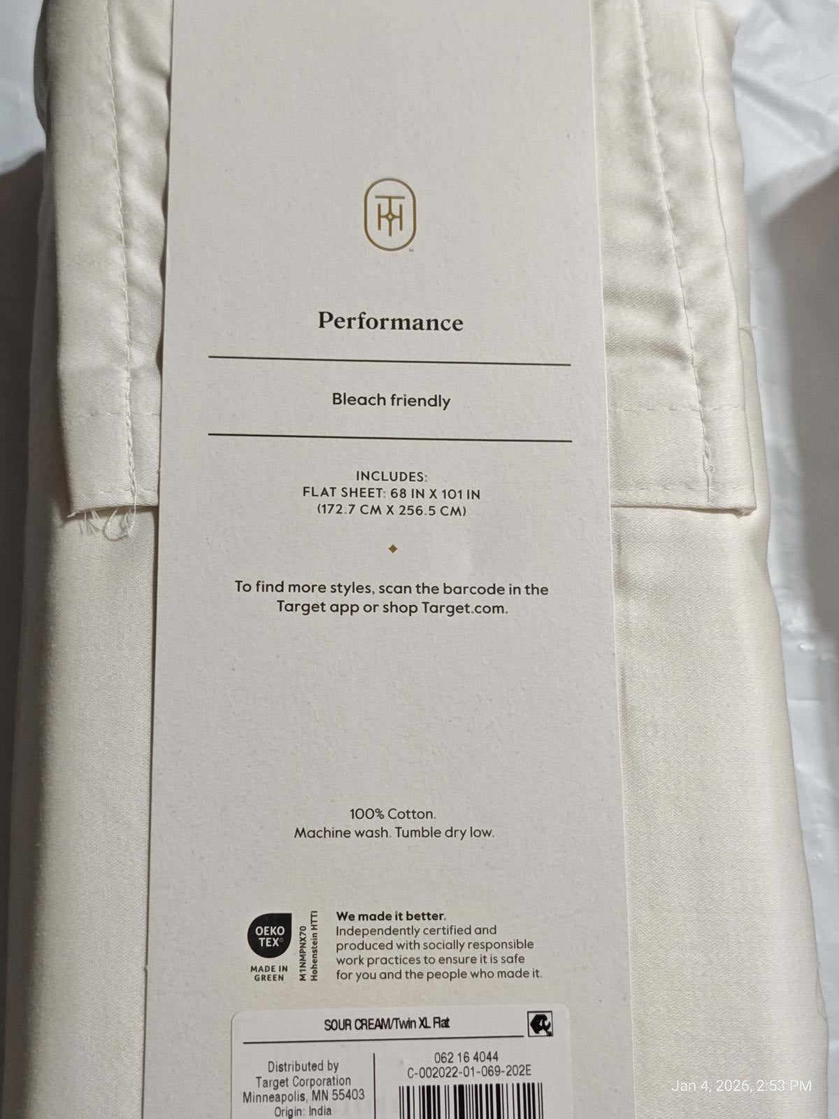 Twin/Twin XL Threshold 400 Thread Flat Sheet Sateen White 100% Cotton