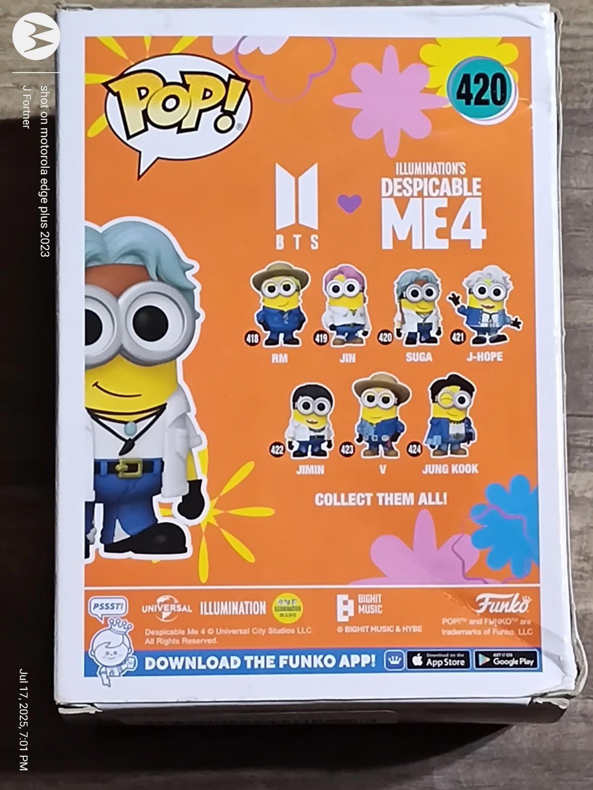 Despicable Me 4 Funko Pop! featuring BTS characters in colorful packaging.
