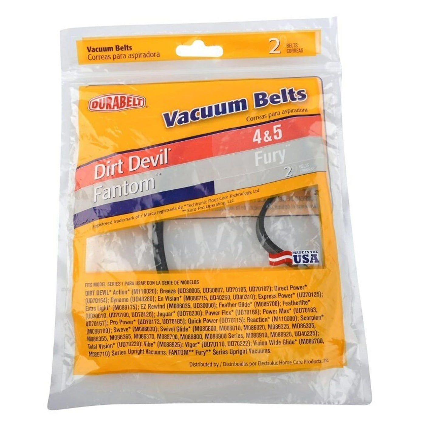 Dirt Devil vacuum belts for Fantom and Fury models in a sealed package.
