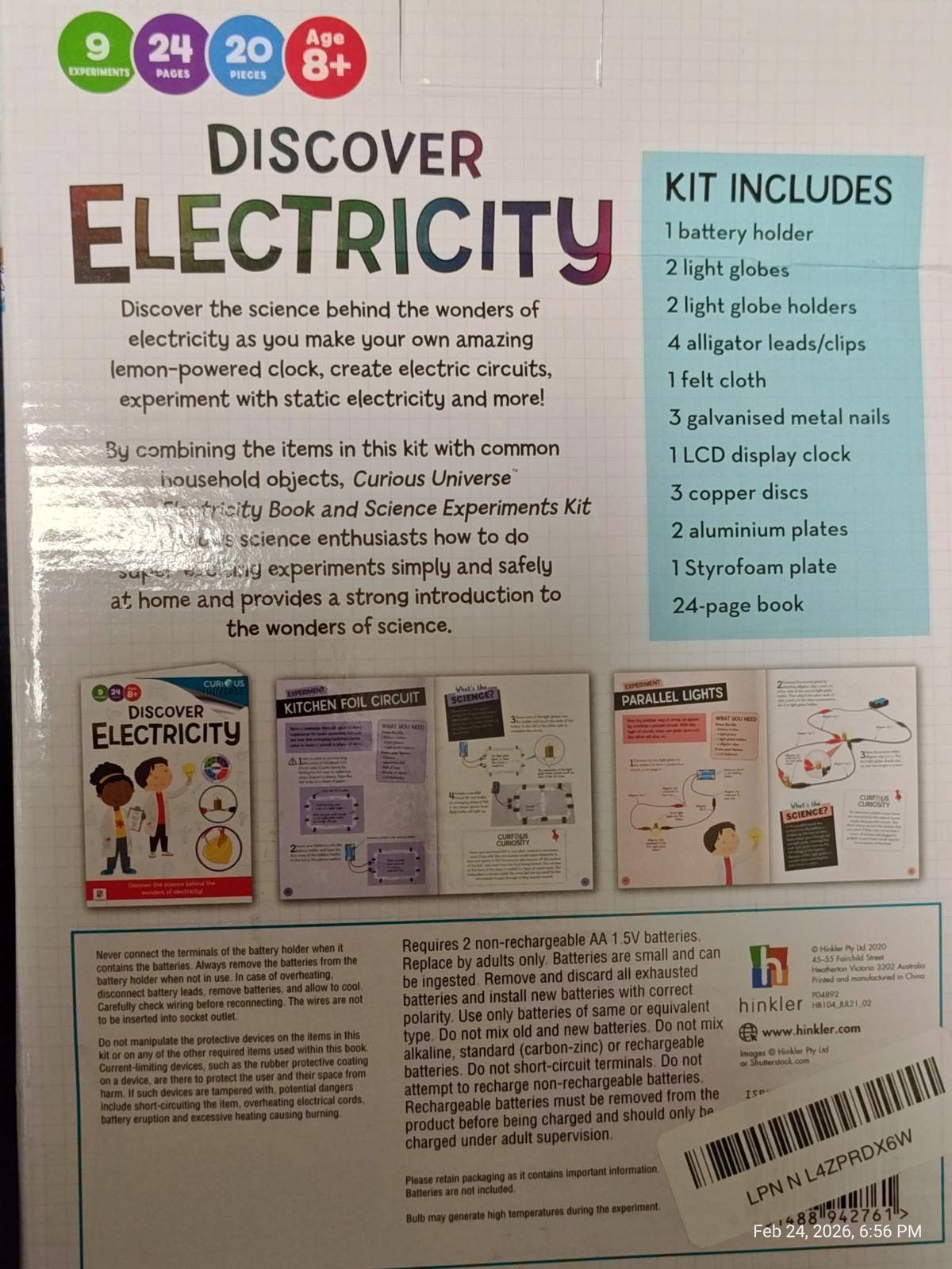 Discover Electricity kit includes experiments and materials for learning about electricity.