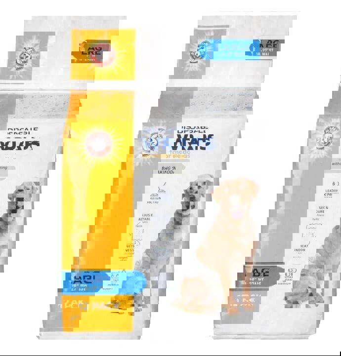 Disposable Wraps for large dogs in a 12 pack, featuring a Labrador on the packaging.