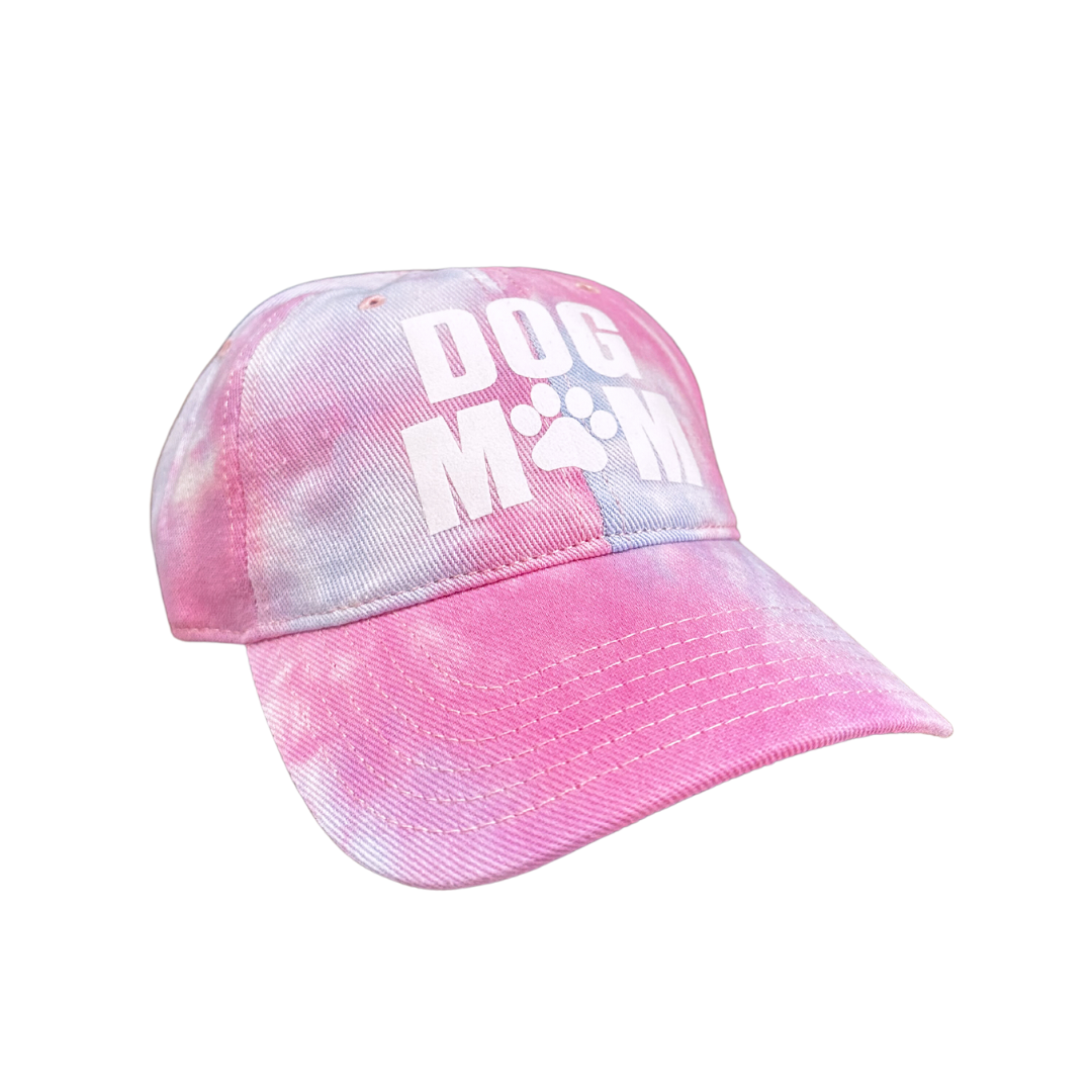Dog Mom cap in pink tie-dye with paw print design.