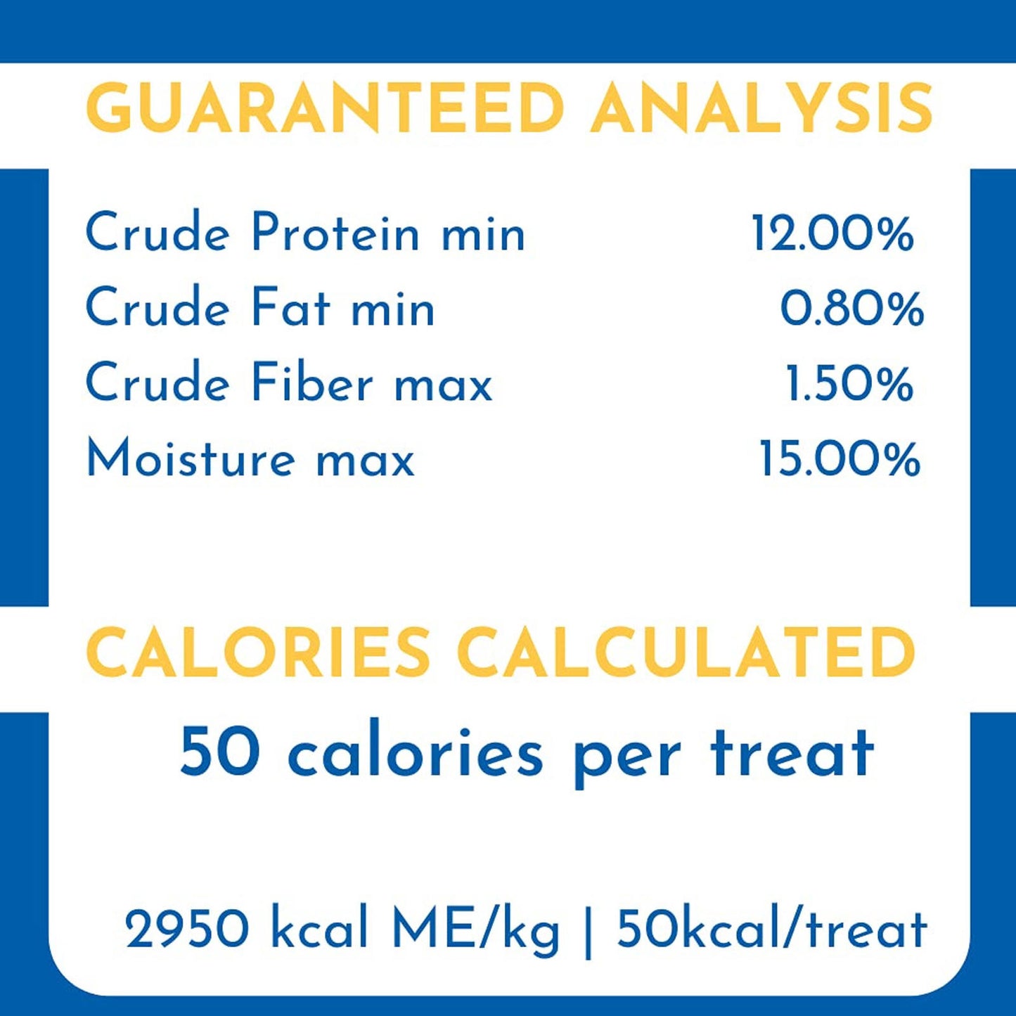 Dog Treats with 50 calories per treat, featuring guaranteed analysis of protein, fat, fiber, and moisture.