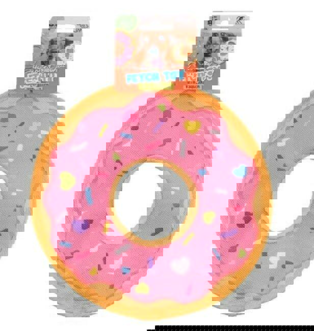 Donut fetch toy featuring a pink design with colorful sprinkles, perfect for dogs.