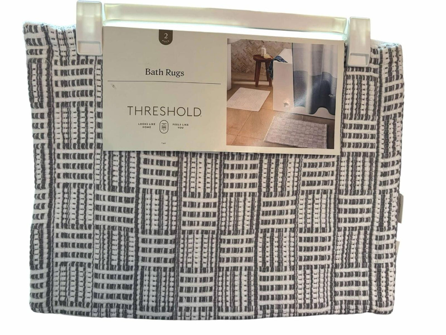 Cotton 100% Bath Rug SET - New -2 pack Grey Stripes and White 17” X 24”