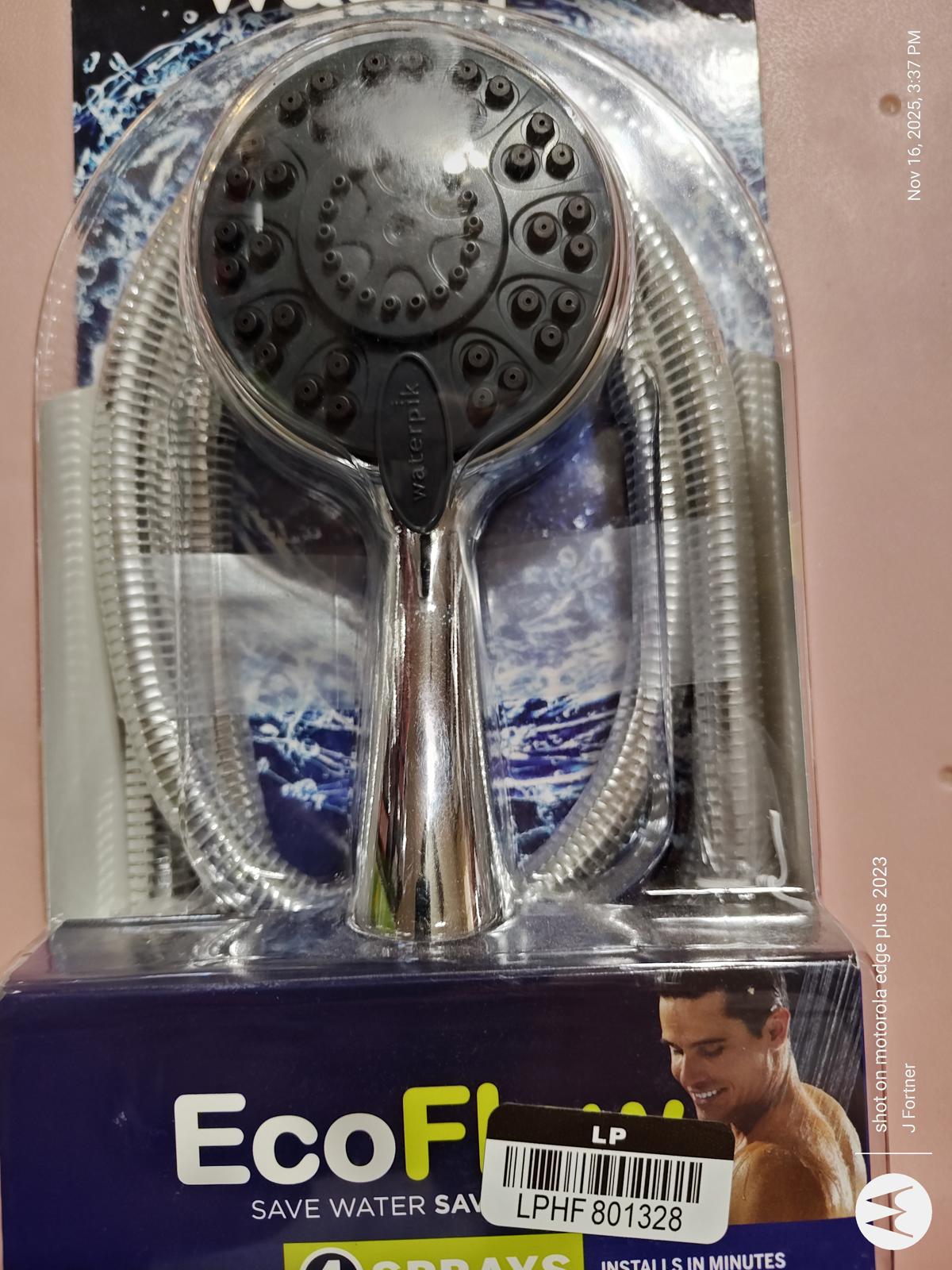 EcoFlow showerhead with chrome finish and flexible hose for water-saving.