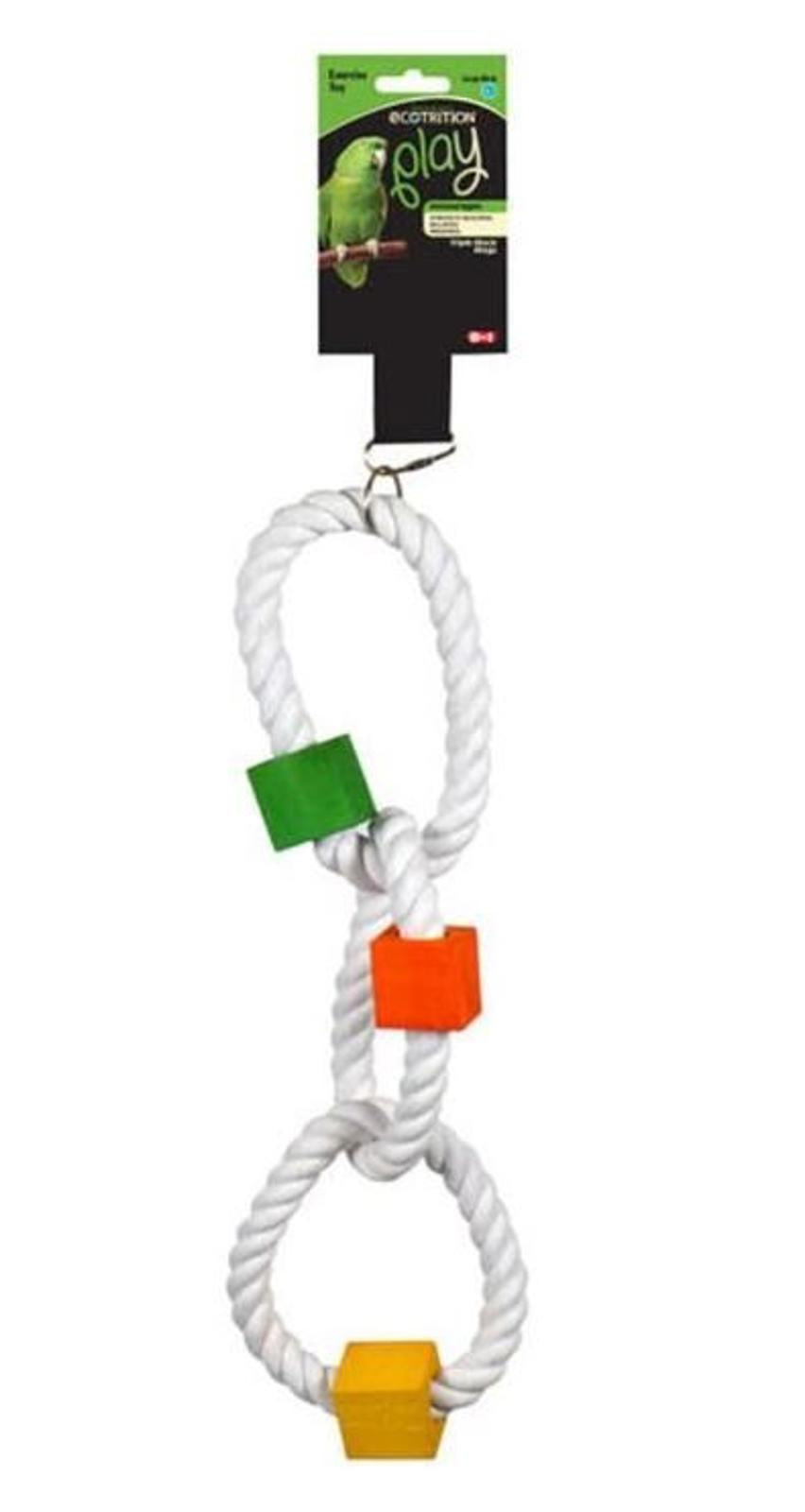 EcoTails play rope toy for birds featuring colorful wooden blocks and durable twisted design.