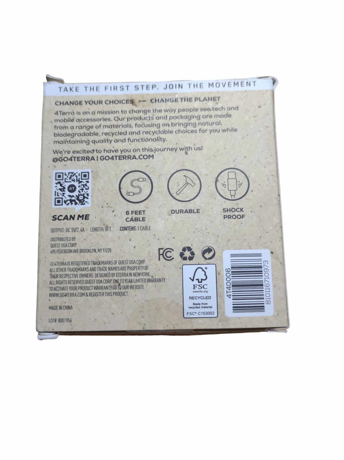 EcoTerra sustainable product packaging with 8 feet cable details and durability features.