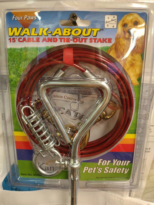 Walk-About 15' cable and tie-out stake for pets, featuring a sturdy metal stake and red cable.