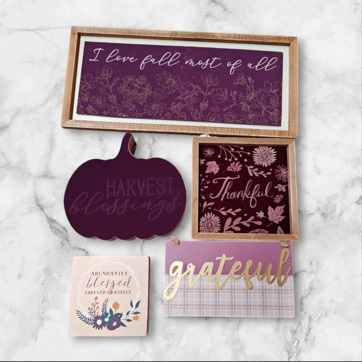 Fall Decor Set featuring 'I Love Fall Most of All' sign, pumpkin, and thankful cards.