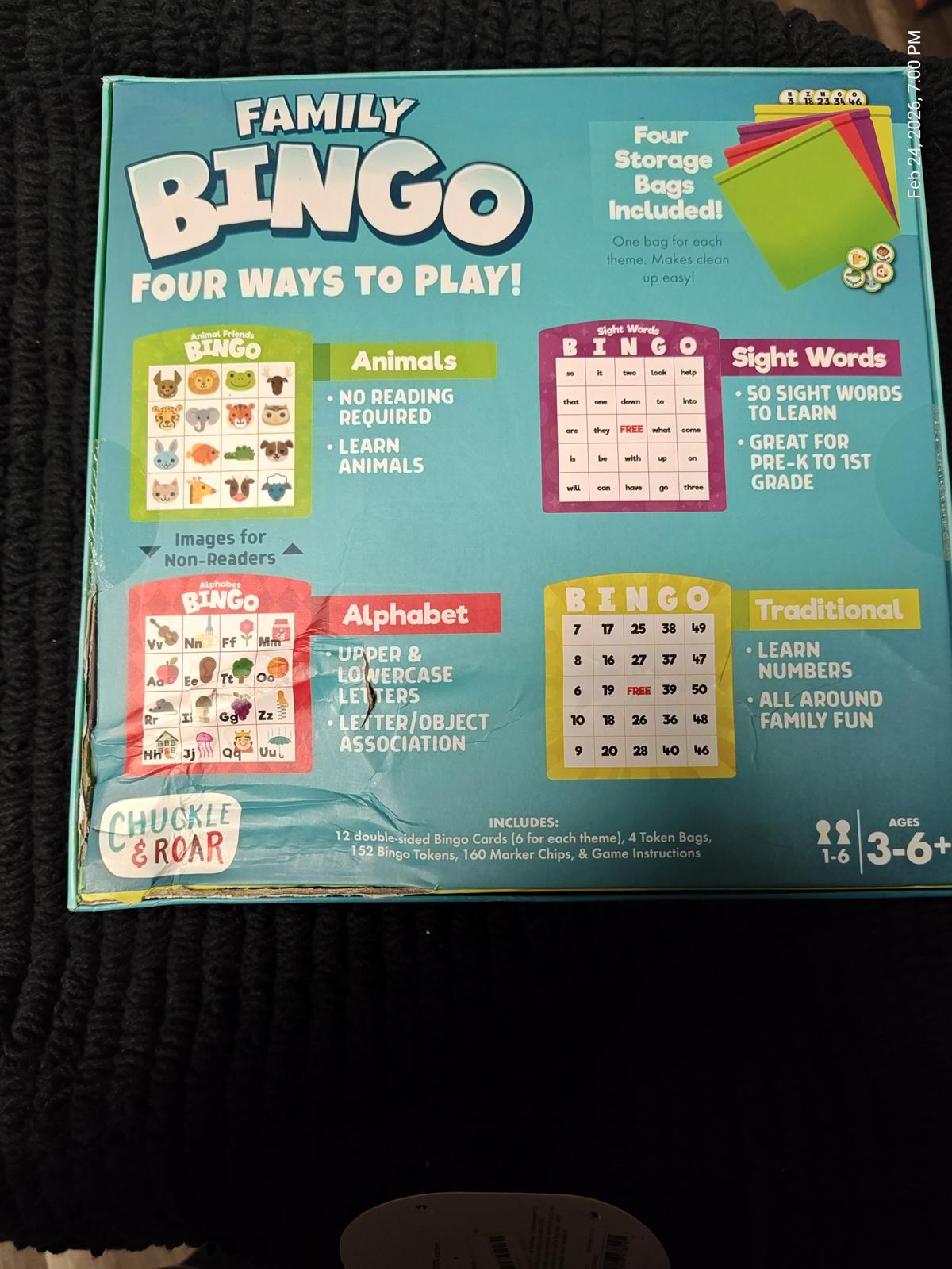 Family Bingo game box featuring animals, sight words, and alphabet themes for educational fun.