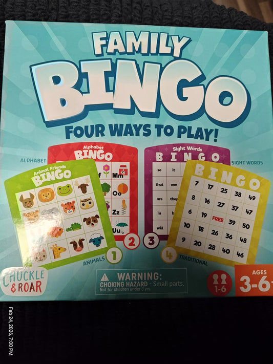 Family Bingo game featuring colorful cards for animals and numbers, suitable for ages 3-6.